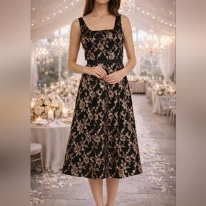 Kay Unger Black & Bronze Sequin Floral Midi Dress – NWT Size 10